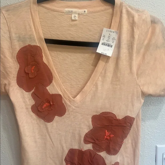 J. Crew Peach V-Neck Tee with Red Floral Accents NWT - Picture 4 of 7